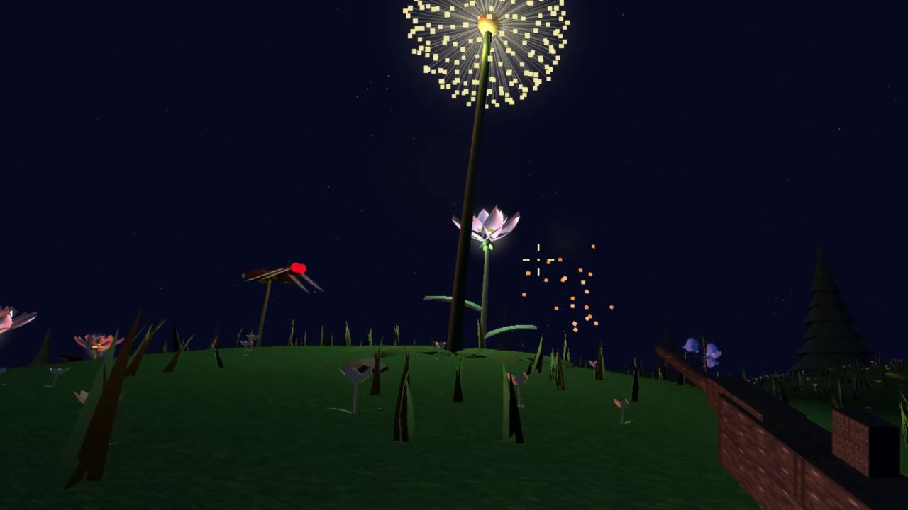 夜の丘で星の花が咲く一人称視点のゲーム画面
